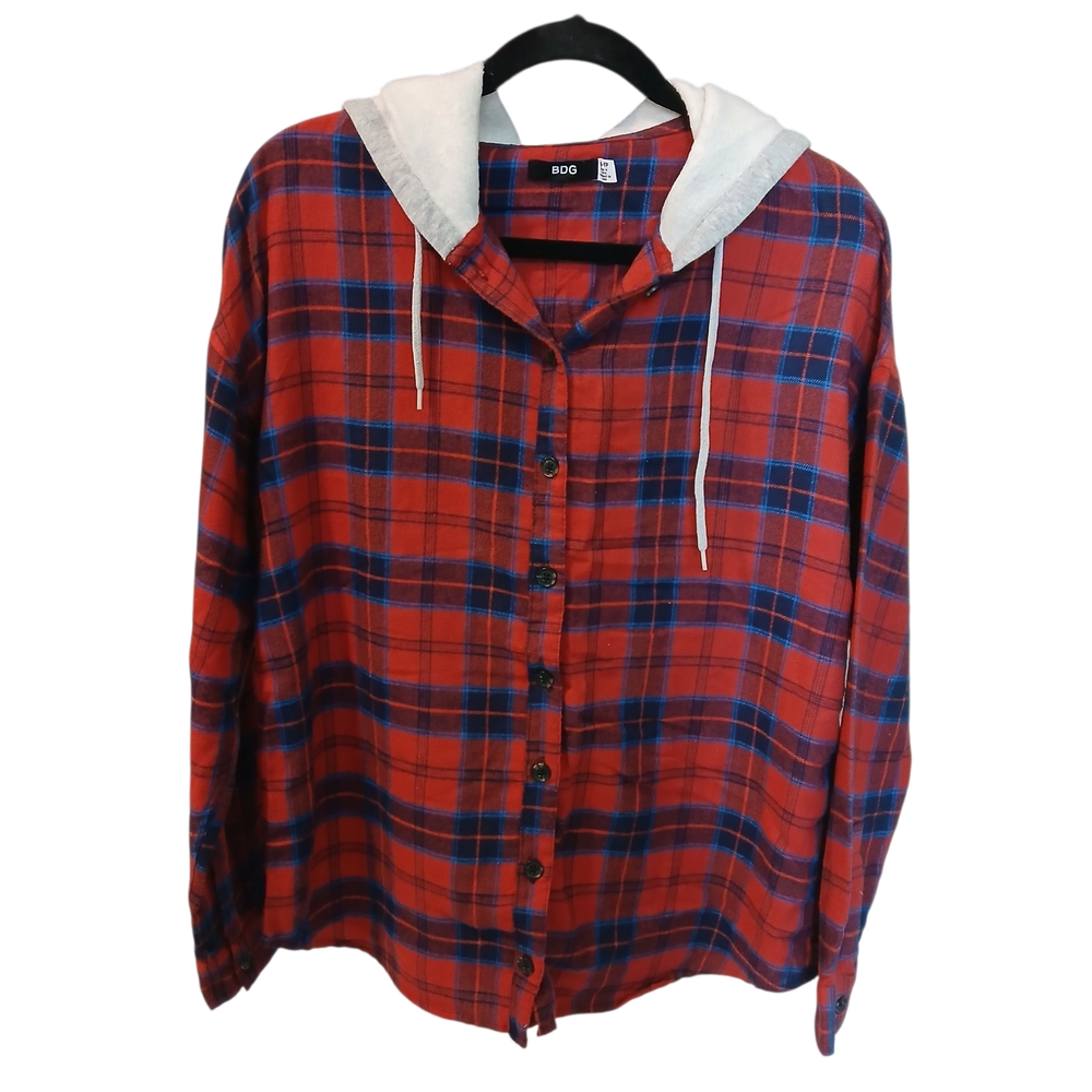 BDG Red and Blue‎ Plaid Flannel Long Sleeve Top Hoodie Size XS Oversized Comfy